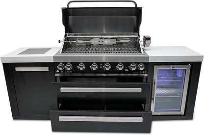 Mont Alpi 94"W x 23"D x 46"H Black Stainless Steel Modular Outdoor Kitchen Island with Refrigerator + 44"W 6-Burner BBQ Gas Grill + Side Burner + White Granite Countertops + Storage Cabinets & Drawers