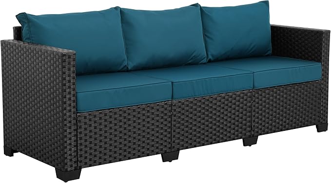 Rattan Star Outdoor Furniture Couch 3 Seater Sofa Outdoor Wicker Sofa Deep Seat High Backrest Patio Couch with Non-Slip Cushions Waterproof Cover, Peacock Blue