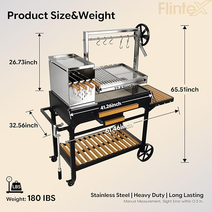 Flintex Argentine Santa Maria Grill, Wood & Charcoal Parrilla BBQ Brasero Grill with Asado Tools, Multi-Function Adjustable Height, Easy Clean with Ash & Grease Collector, Ideal for Asado, Backyard