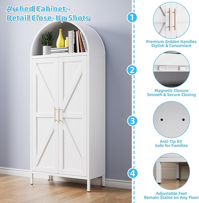 Metal Arched Pantry Cabinet with 4 Adjustable Shelves, Farmhouse Tall Arched Cabinet with 2 Doors for Kitchen，Living Room,White, Assemble Required, 13.8" D x 27.6" W x 66.9" H