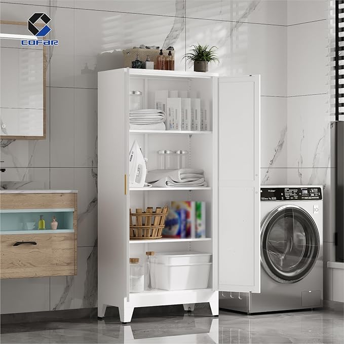 COFaR 61'' Tall Metal Storage Cabinet, Farmhouse Kitchen Pantry Cabinet with Doors and 3 Adjustable Shelves, White Metal Cabinets for Kitchen, Bathroom, Laundry, Garage, 4-Tier