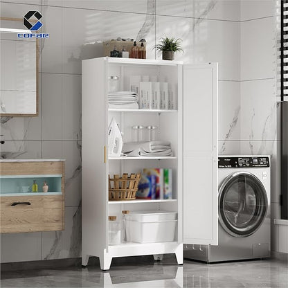 COFaR Metal Pantry Cabinet with Doors, Farmhouse 61'' Tall Storage Cabinet with 3 Adjustable Shelves, Kitchen Pantry Cabinet for Dinning Room, Laundry, Bathroom, Garage, White 4-Tier