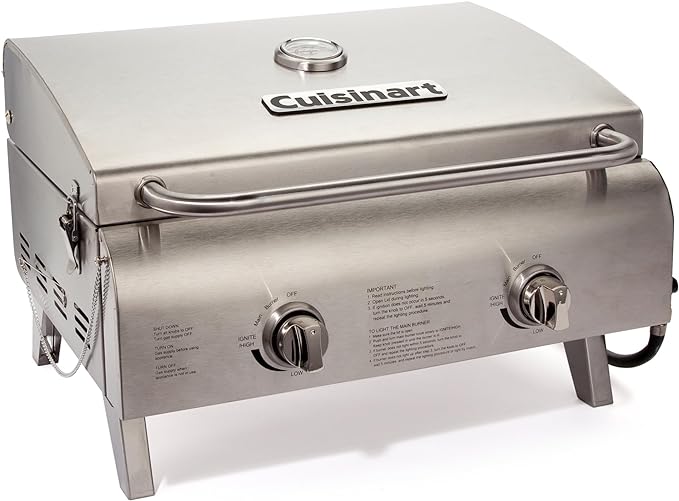 Cuisinart Chef's Style Tabletop Portable Propane Grill, 20,000 BTU Stainless Steel 2-Burner Outdoor Gas Grill for Camping, Tailgates, BBQ, Hassle-Free Setup, Twist-Start Ignition, CGG-306