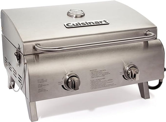 Cuisinart Chef's Style Tabletop Portable Propane Grill, 20,000 BTU Stainless Steel 2-Burner Outdoor Gas Grill for Camping, Tailgates, BBQ, Hassle-Free Setup, Twist-Start Ignition, CGG-306
