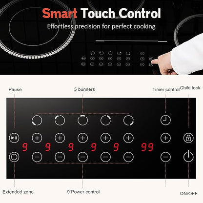 30 Inch Electric Cooktop, 5 Burner Electric Stove Top Touch Control, 8400W Built-in Ceramic Stovetop Burner 30" with Expandable Zone, Child Lock, Timer, Overheat Alert, 220-240v Hardwired