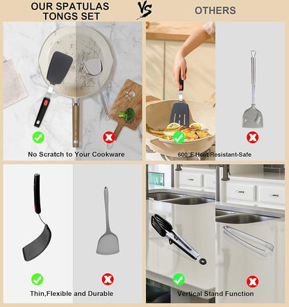 4PCS Flexible Silicone Spatula Turner Set and Kitchen Food Tongs with Silicone Tips, 600F Heat Resistant, Ideal for Flipping Eggs, Fish, Burgers, Pancake and Strong Grip on Salads, Pasta, Steaks, BBQ