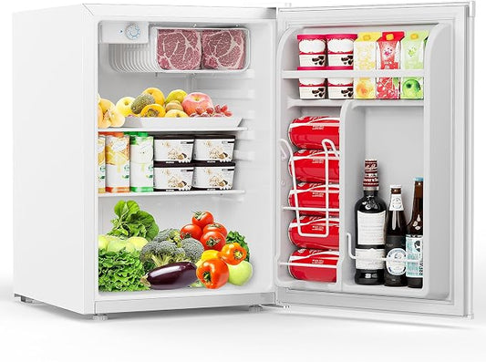 COWSAR 2.6 Cu.Ft Mini Fridge with Freezer, Quiet Reversible Door Compact Refrigerator, Small Refrigerator with 2 Removable Shelves, Adjustable Thermostat, for Office, Bedroom, Dorm, White