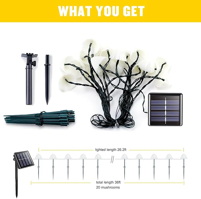JMEXSUSS 2 Pack Solar String Lights Outdoor, 20 LED 36ft, Mushroom | Outdoor Waterproof, Warm White, 8 Modes Solar Pathway Lights for Outside Garden Patio Yard Decorations