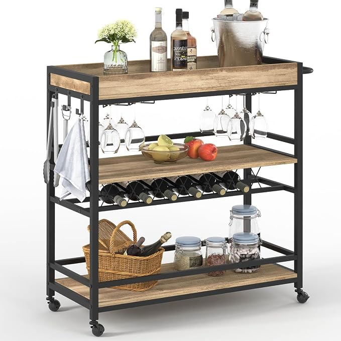 Bar Cart for The Home, Bar Serving Carts on Wheels, 3 Tier Storage Drink Trolley, Rolling Wood and Metal Liquor Beverage Cart (Vintage Oak)