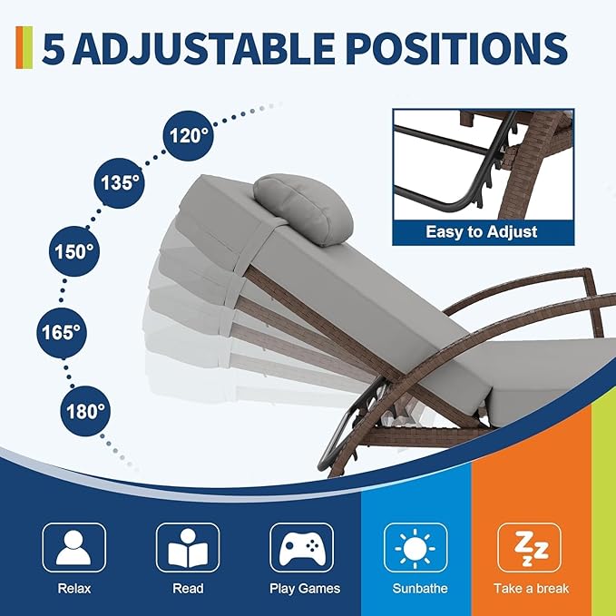 Garvee Outdoor Chaise Lounge Chairs Set of 2, PE Rattan Wicker Patio Lounge Chairs with 5-Position Adjustable Backrest, 3.5" Cushions & Wheels, 380 lbs Capacity Heavy Duty Pool Lounge Chair,Grey
