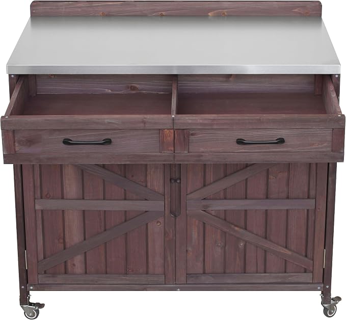 JIVOIT 39.4" Outdoor Kitchen Island with Stainless Table Top, Solid Fir Wood Storage Kitchen Cabinet with Drawer, Adjustable Shelves, Internal Storage Racks & 4 Wheels, Two Doors (Dark Brown/9)