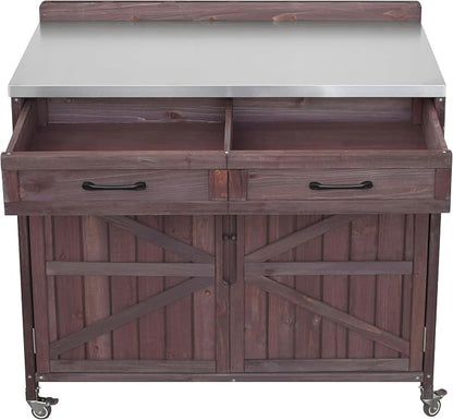 JIVOIT 39.4" Outdoor Kitchen Island with Stainless Table Top, Solid Fir Wood Storage Kitchen Cabinet with Drawer, Adjustable Shelves, Internal Storage Racks & 4 Wheels, Two Doors (Dark Brown/9)