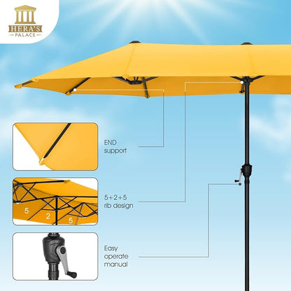 HERA'S PALACE 13 ft Large Double-Sided Twin Patio Umbrella, Outdoor Market Umbrella with Crank Handle, Powerful UV Protective, Gold Yellow
