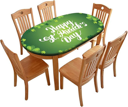 Happy St, Patrick's Day Oval Fitted Table Cloths, Green Clover Leaves Pattern Print Polyester Tablecloth, 60x84 Inch, Elastic Edged Oblong Fitted Table Covers for Spring Holiday Party and Dinner Use