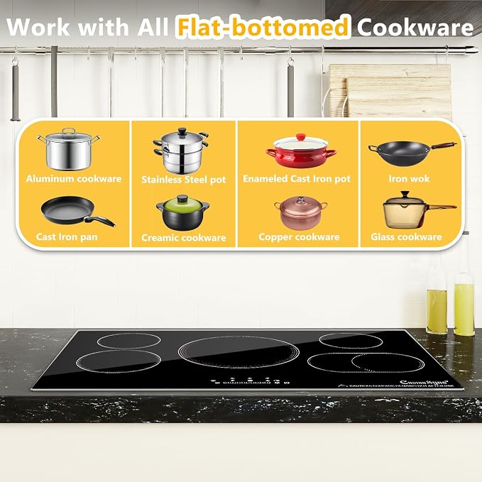 36 Inch Electric Cooktop 5 Burner Radiant Stove Top 9200W | 220-240V hardwired radiant cooktop with expandable zones independent timers overflow protection and flat-bottom cookware use