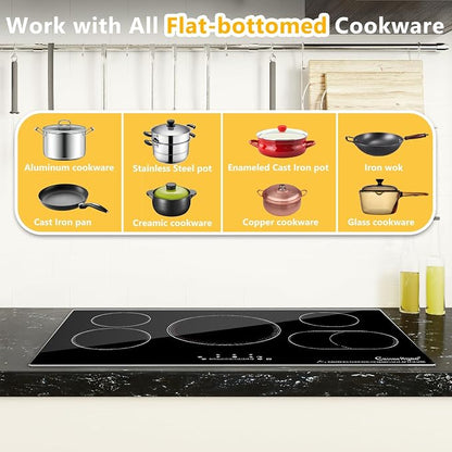 36 Inch Electric Cooktop 5 Burner Radiant Stove Top 9200W | 220-240V hardwired radiant cooktop with expandable zones independent timers overflow protection and flat-bottom cookware use