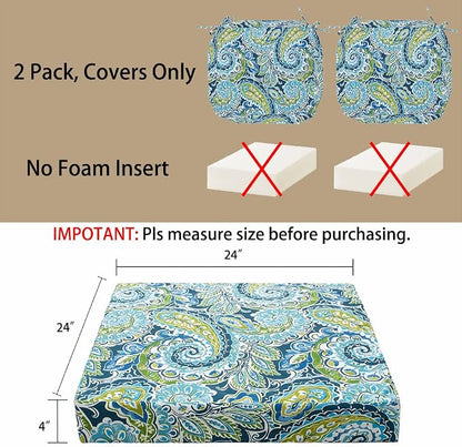 Magpie Fabrics Indoor Outdoor Cushion Cover Replacement 2 Pack, NO Insert! Water Repellent Slipcover with Ties Decor for Patio Garden Chair Seat Sofa Bench Wicker(Paisley Lapis Green, 24x24x4 Inch)