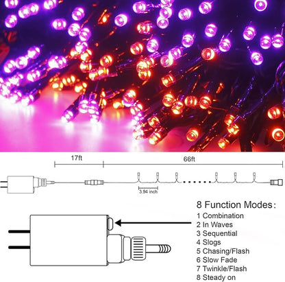 HOME LIGHTING Halloween Lights, 66FT 200 LED Plug in Green Wire String Light, 8 Lighting Modes Waterproof Fairy Mini Lights for Indoor Outdoor Christmas Wedding Party Decorations (Orange & Purple)
