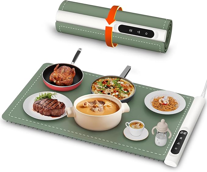 Newise Graphene Warming Mat for Food - Fast Full Surface Heating Electric Warming Tray, Portable Food Warmer for Parties Buffet with 6 Temperature and Timer Settings, Gifts for Mom Wife, Green