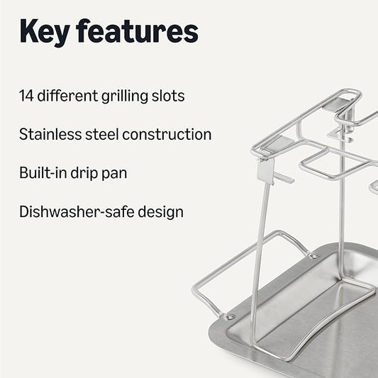 Amazon Basics Chicken Leg and Wing Rack, 14 Slots BBQ Chicken Drumsticks Holder, Food Grade Stainless Steel Roaster Stand for Smoking and Grilling, Oven, Charcoal Grill, Silver, 1-Pack