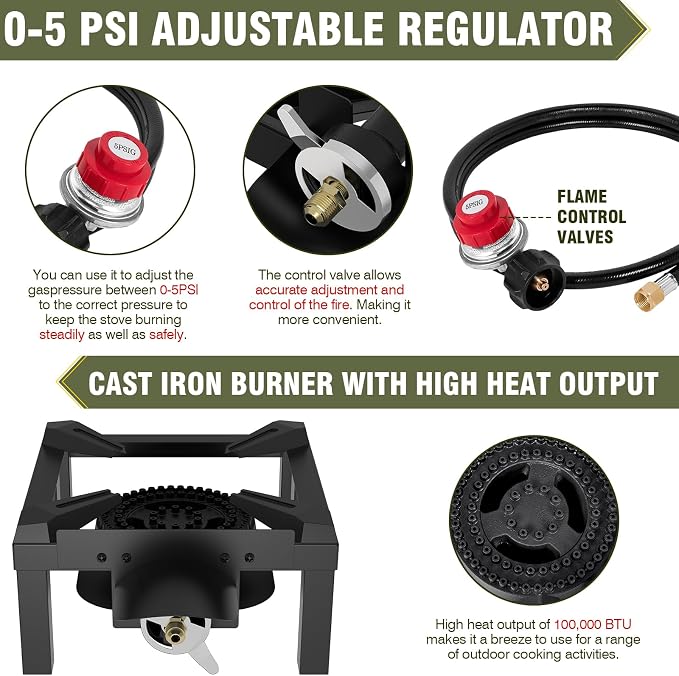 BESTFIRE Propane Burner, 100,000 BTUs High Pressure Single Propane Stove - Upgraded Heat Shield, 4.1ft Adjustable Hose with Regulator, Gas Stove for Outdoor Cooking, Turkey Fry, Seafood Boil