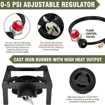 BESTFIRE Propane Burner, 100,000 BTUs High Pressure Single Propane Stove - Upgraded Heat Shield, 4.1ft Adjustable Hose with Regulator, Gas Stove for Outdoor Cooking, Turkey Fry, Seafood Boil
