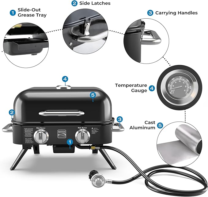 Kenmore Portable Propane Gas Grill - Tabletop BBQ Grill with Warming Rack, 2 Stainless Steel Burners with 14,000 BTUs, for Outdoor Kitchen, Camping, Black