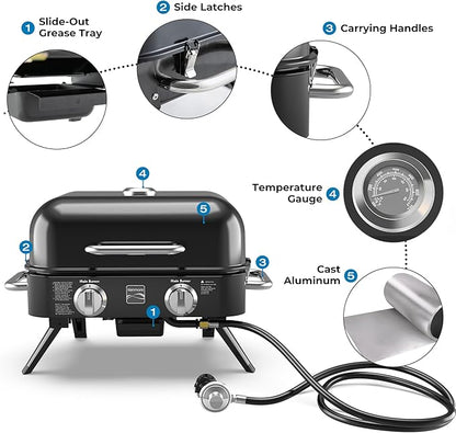 Kenmore Portable Propane Gas Grill - Tabletop BBQ Grill with Warming Rack, 2 Stainless Steel Burners with 14,000 BTUs, for Outdoor Kitchen, Camping, Black
