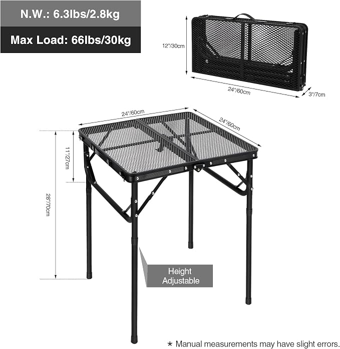Portable Grill Table for Outside, Aluminum Square Folding Grill Stand Table for Outdoor Camping Picnic BBQ, Lightweight Adjustable Height, 24"x24", Black