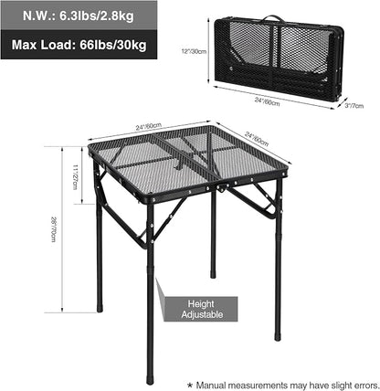 Portable Grill Table for Outside, Aluminum Square Folding Grill Stand Table for Outdoor Camping Picnic BBQ, Lightweight Adjustable Height, 24"x24", Black