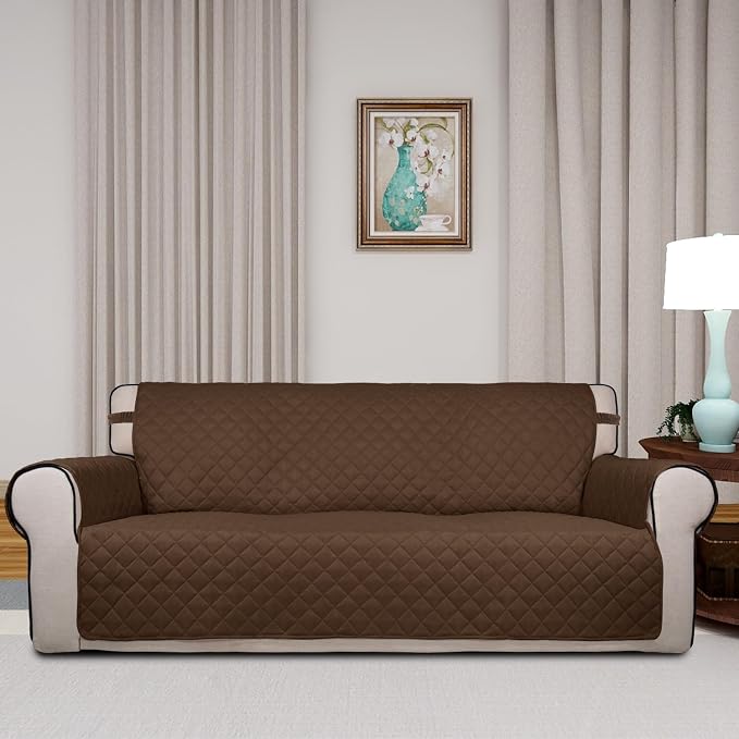 PureFit Reversible Quilted Sofa Cover Dog Couch Covers for Sofa, 66 in | Coffee/Ivory, Water Resistant Couch Protector, Washable Pet Couch Cover with Non Slip and Elastic Straps For Kids