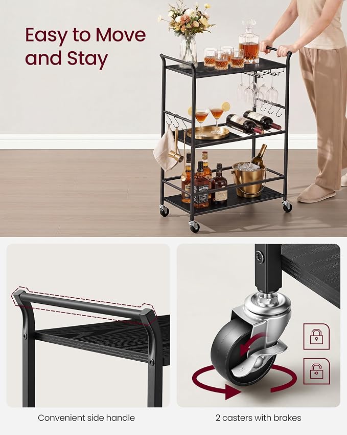 VASAGLE 3-Tier Bar Cart, Steel Serving Cart on Wheels with Wine Rack and Glass Holder, 25.4 x 12.6 x 33.7 Inches, Black, for Kitchen and Living Room, Barnet Collection ULRC200B101
