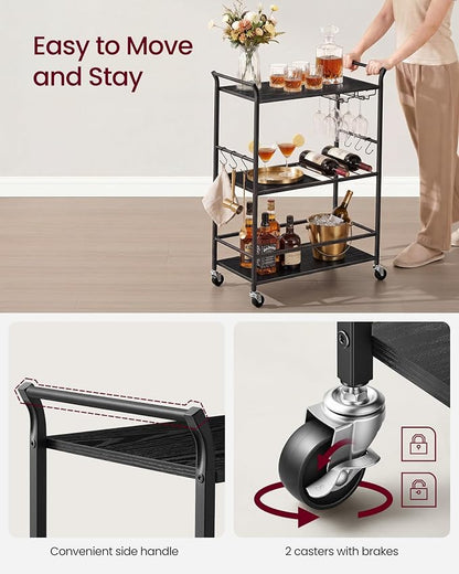 VASAGLE 3-Tier Bar Cart, Steel Serving Cart on Wheels with Wine Rack and Glass Holder, 25.4 x 12.6 x 33.7 Inches, Black, for Kitchen and Living Room, Barnet Collection ULRC200B101