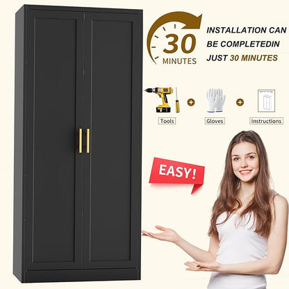 CJF Black Kitchen Pantry Cabinet,71" Tall Metal Storage Cabinet with 4 Adjustable Shelves and Doors, Freestanding Pantry Cabinet for Kitchen, Living Room, Dining Room, Bathroom, Easy to Assemble