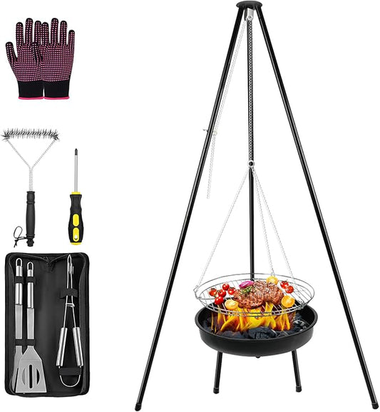 Adjustable Height Charcoal Grill Camping Tripod Portable Tripod Camping Grill with Fire Bowl Perfect