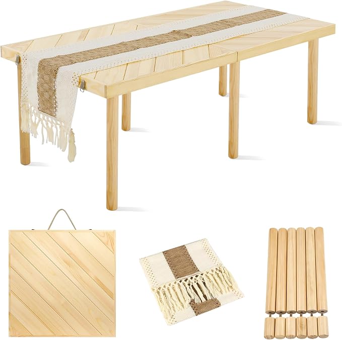Folding Picnic Table with Table Runner, Portable Boho Low Picnic Table for Indoor Outdoor, 44" x 22" Wooden Table with Adjustable Heights for Camping, Wedding, Beach, Garden, Party(Small Size for 4)
