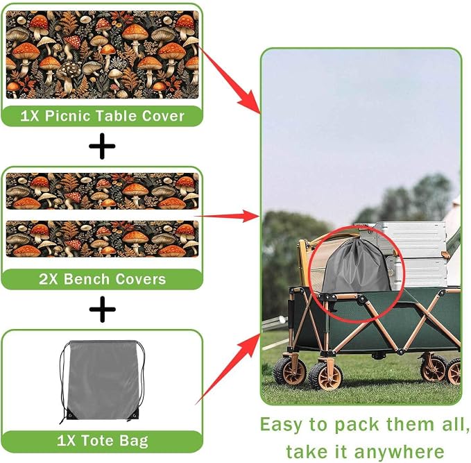 Picnic Table Cover with Bench Covers Elastic Edges, Black Mushroom Vintage Fitted Table Cover, Outdoor Patio Camping Essentials 3PCS, Waterproof Camping Tablecloth with Drawstring Bag 96in