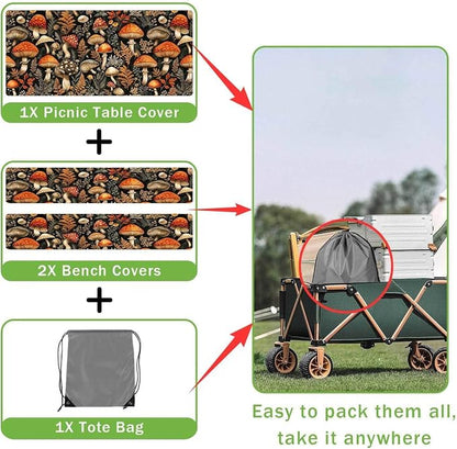 Picnic Table Cover with Bench Covers Elastic Edges, Black Mushroom Vintage Fitted Table Cover, Outdoor Patio Camping Essentials 3PCS, Waterproof Camping Tablecloth with Drawstring Bag 96in