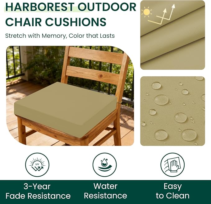 HARBOREST Outdoor Chair Cushions Set of 4, Water Resistant Patio Chair Cushions with Ties, Square Corner Outdoor Seat Cushions for Patio Furniture, 18.5"x16"x3", Khaki