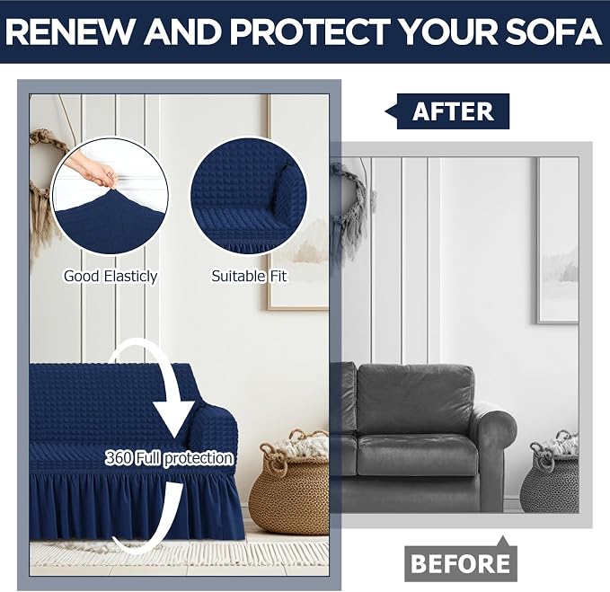 Fanfanwin 3 Pcs Sofa Slipcover Set for Couch Cushion Durable Washable High Elastic Stretchable Furniture Couch Covers with Skirt for Sofa Loveseat Arm Chair(Navy Blue,Seersucker)