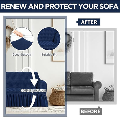 Fanfanwin 3 Pcs Sofa Slipcover Set for Couch Cushion Durable Washable High Elastic Stretchable Furniture Couch Covers with Skirt for Sofa Loveseat Arm Chair(Navy Blue,Seersucker)
