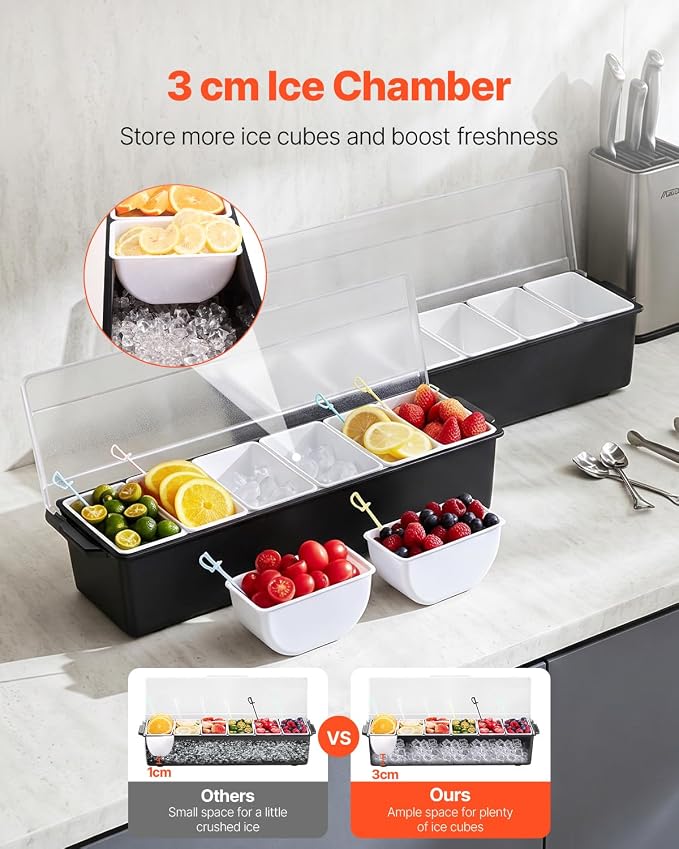 VEVOR Ice Cooled Condiment Serving Container, 6 Compartments Chilled Server, Fruit Veggie Condiment Caddy, Plastic Garnish Station Lid Dispenser Tray, for Bartending & Serving Taco Restaurant Supplies