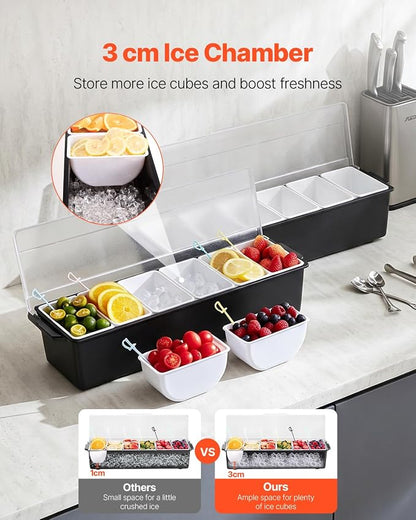 VEVOR Ice Cooled Condiment Serving Container, 6 Compartments Chilled Server, Fruit Veggie Condiment Caddy, Plastic Garnish Station Lid Dispenser Tray, for Bartending & Serving Taco Restaurant Supplies