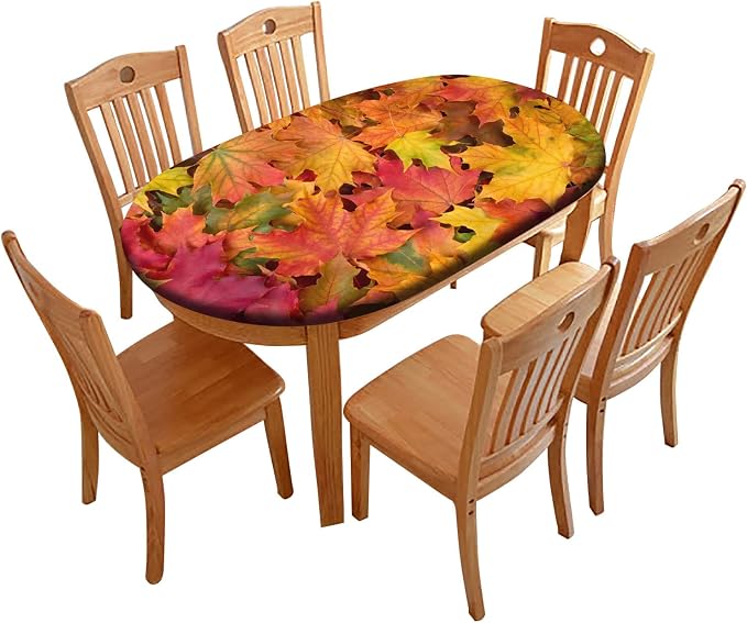 Autumn Oval Maple Leavs Fitted Table Covers, Fall Orange Yellow Leafs Pattern Print Oblong Tablecloths, Fits to 52x70 In Tables, Elastic Edged Table Cloth for Thanksgiving Day Outdoor Party and Patio