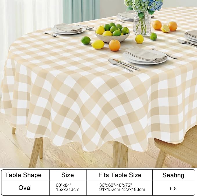 Smiry Oval Table Cloth, Vinyl Tablecloths with Flannel Backing, 60"x84" | Waterproof Picnic Table Cloth, Wipeable Buffalo Plaid Table Cover for Indoor and Outdoor (White & Beige)