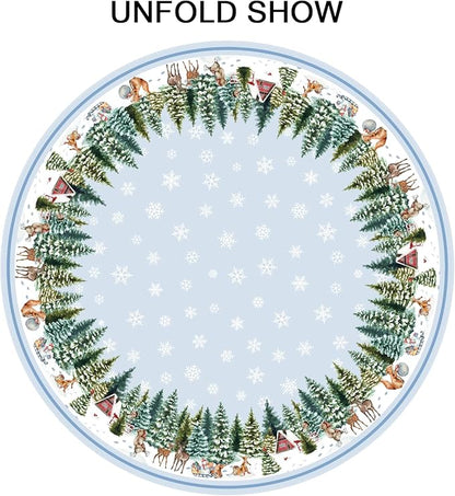 Sweetshow Winter Snowflake Blue Table Cloth Round Christmas Tree Deer Squirrel Tablecloth 70 Inch Winter Decor Washable Stain and Wrinkle Resistant Round Table Cover for Dining Party Picnic
