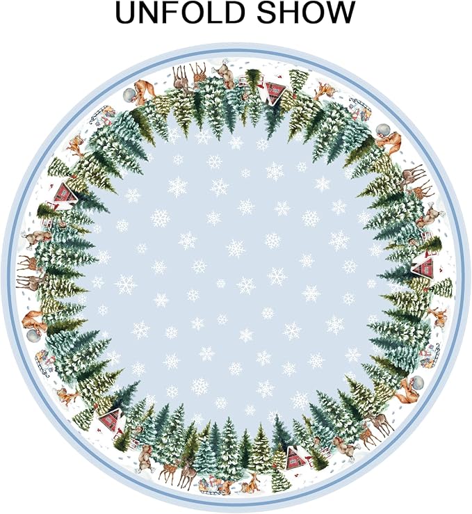 Sweetshow Winter Snowflake Blue Table Cloth Round Christmas Tree Deer Squirrel Tablecloth 60 Inch Winter Decor Washable Stain and Wrinkle Resistant Round Table Cover for Dining Party Picnic