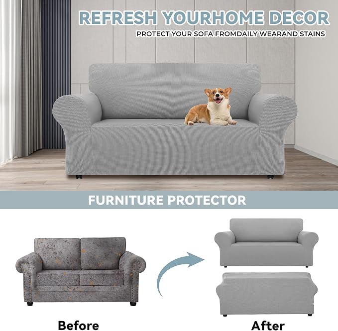 LURKA Stretch Loveseat Couch Cover 1 Piece 2 Cushion Sofa Slipcover, Sliver | Soft Stretch Jacquard, Fits 55"-78" Loveseats, Elastic Bottom for Secure Fit, Machine Washable, Pet & Kid Friendly
