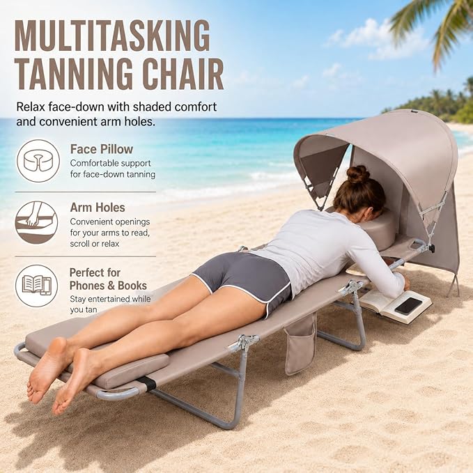Backpack Beach Tanning Lounge Chair with Canopy Shade Face Hole Padded Adjustable Washable, 6 Position Layout Chair for Outside Sunbathing Poolside Lawn, UPF 50+ Wind-Resistant Sun Shade, 2Pack