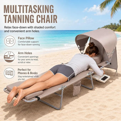 Backpack Beach Tanning Lounge Chair with Canopy Shade Face Hole Padded Adjustable Washable, 6 Position Layout Chair for Outside Sunbathing Poolside Lawn, UPF 50+ Wind-Resistant Sun Shade, 2Pack